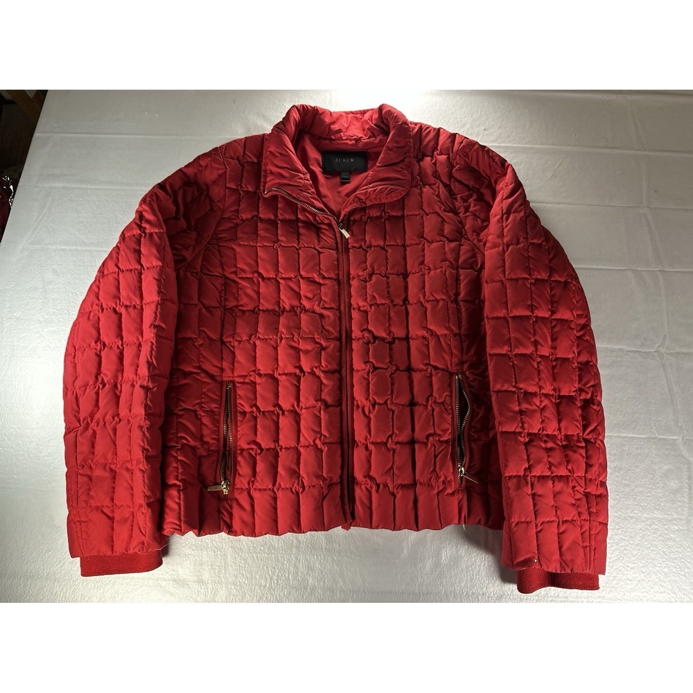 J CREW Quilted Down Puffer Jacket Womens XL Red Snowcap Coat Waterfowl Feathers